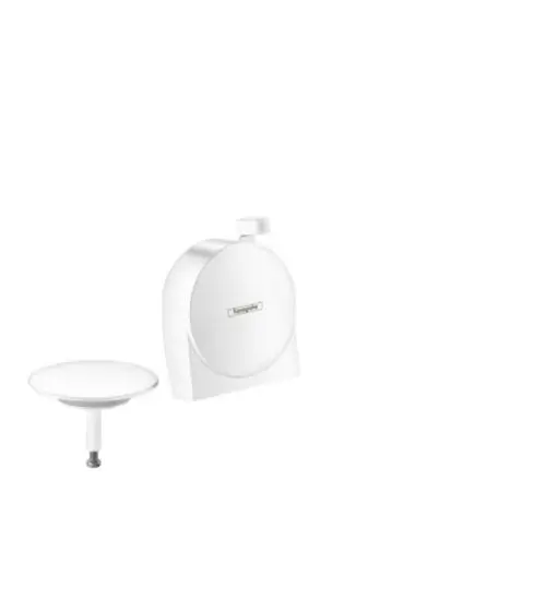 Weißes Hansgrohe-Produktset, bestehend aus einem runden Wandteil und einem flachen Einstiegselement. Beide Teile sind in mattem Weiß gehalten.